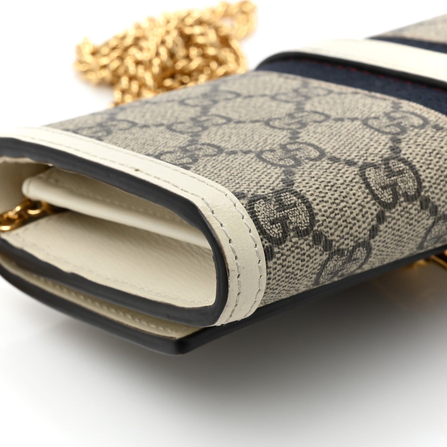 GG Supreme Monogram Textured Calfskin Web Jackie 1961 Chain Wallet Beige Ebony Mystic White