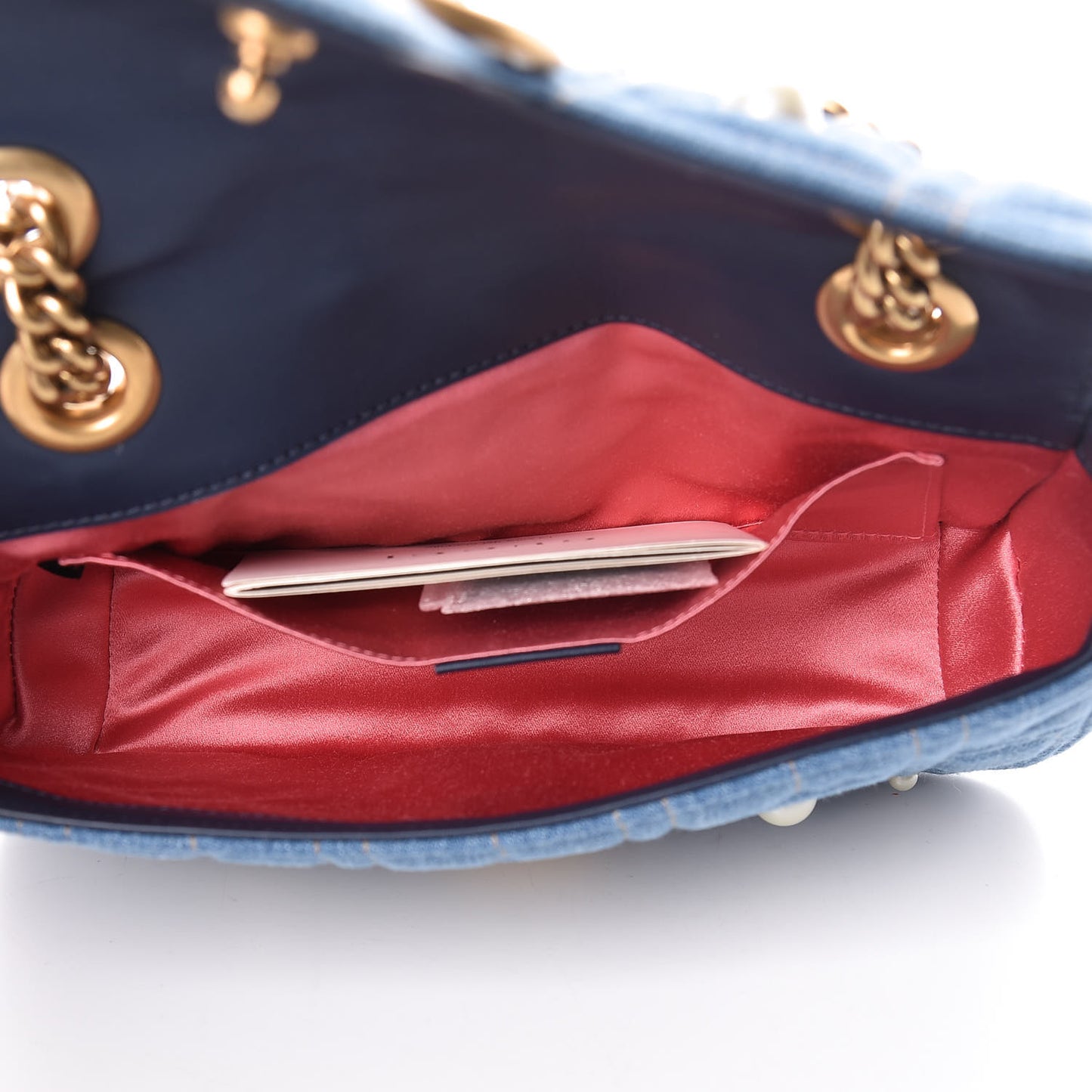 Denim Matelasse Pearl Studded Mini GG Marmont Shoulder Bag Blue