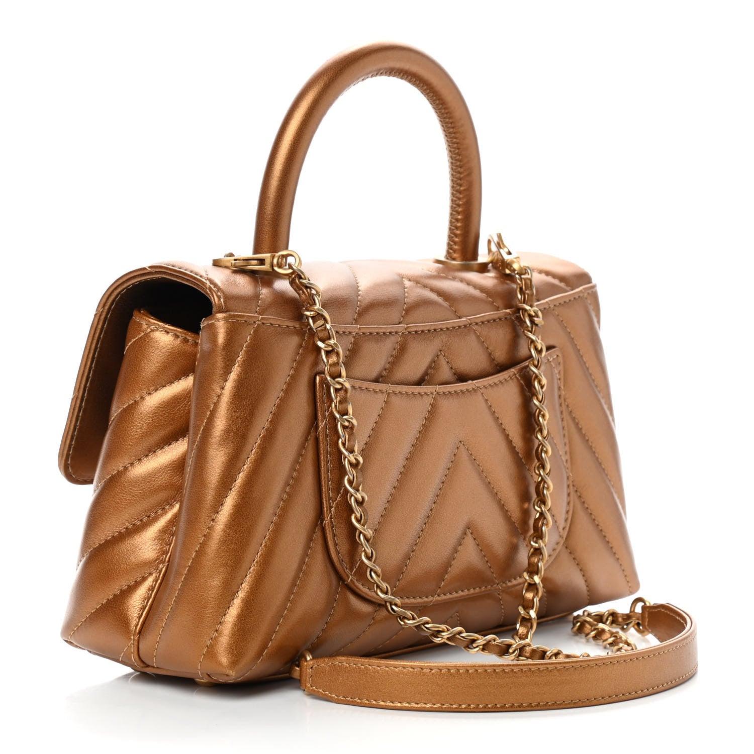 Chanel Metallic Calfskin Chevron Quilted Mini Coco Handle Flap Gold 3 of 9