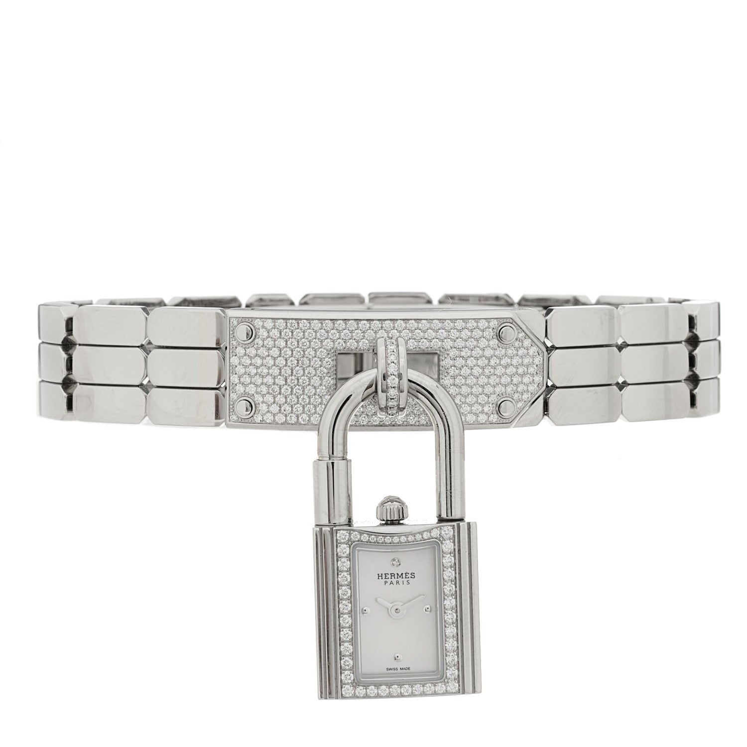 Hermes Stainless Steel Diamond Pave 16mm Kelly Quartz Watch 2 of 6