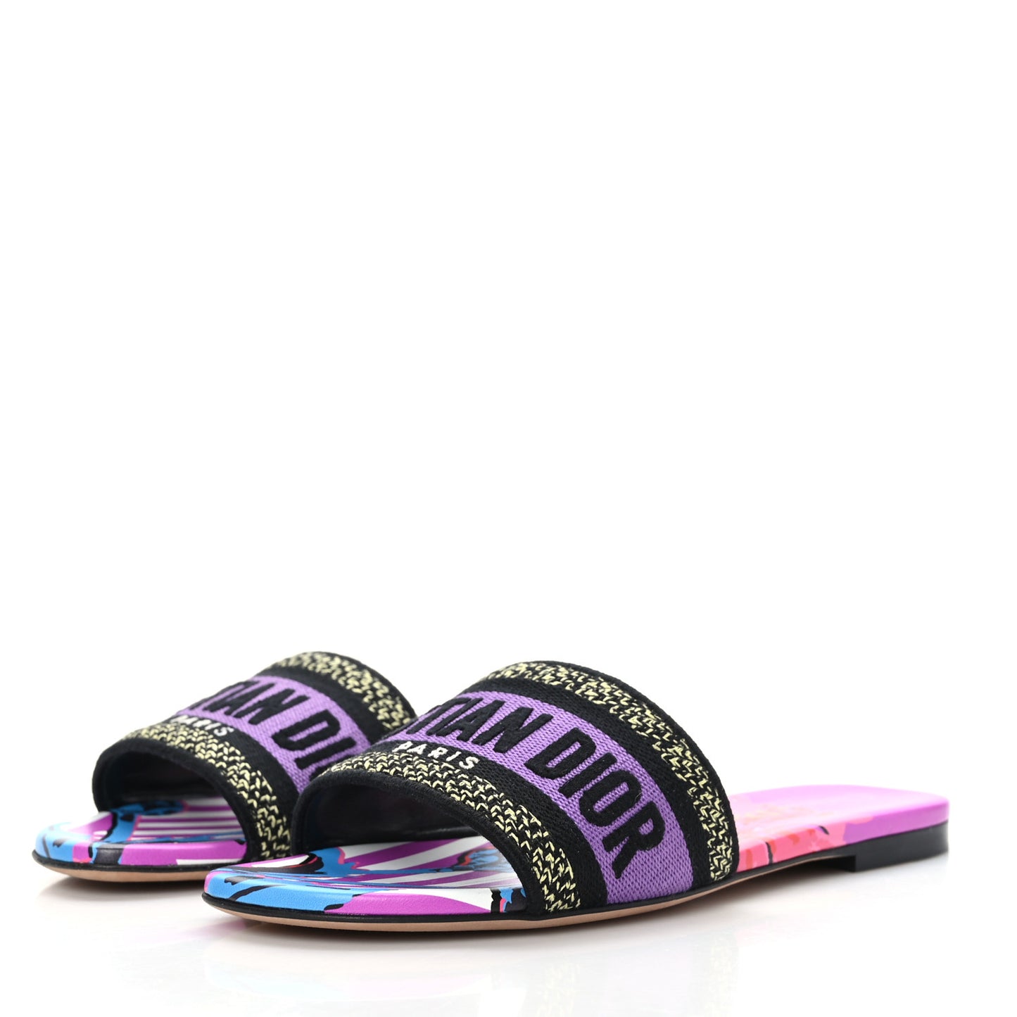 Canvas D-Flower Pop Embroidered Dway Flat Slide Sandals 35 Pink Purple Multicolor