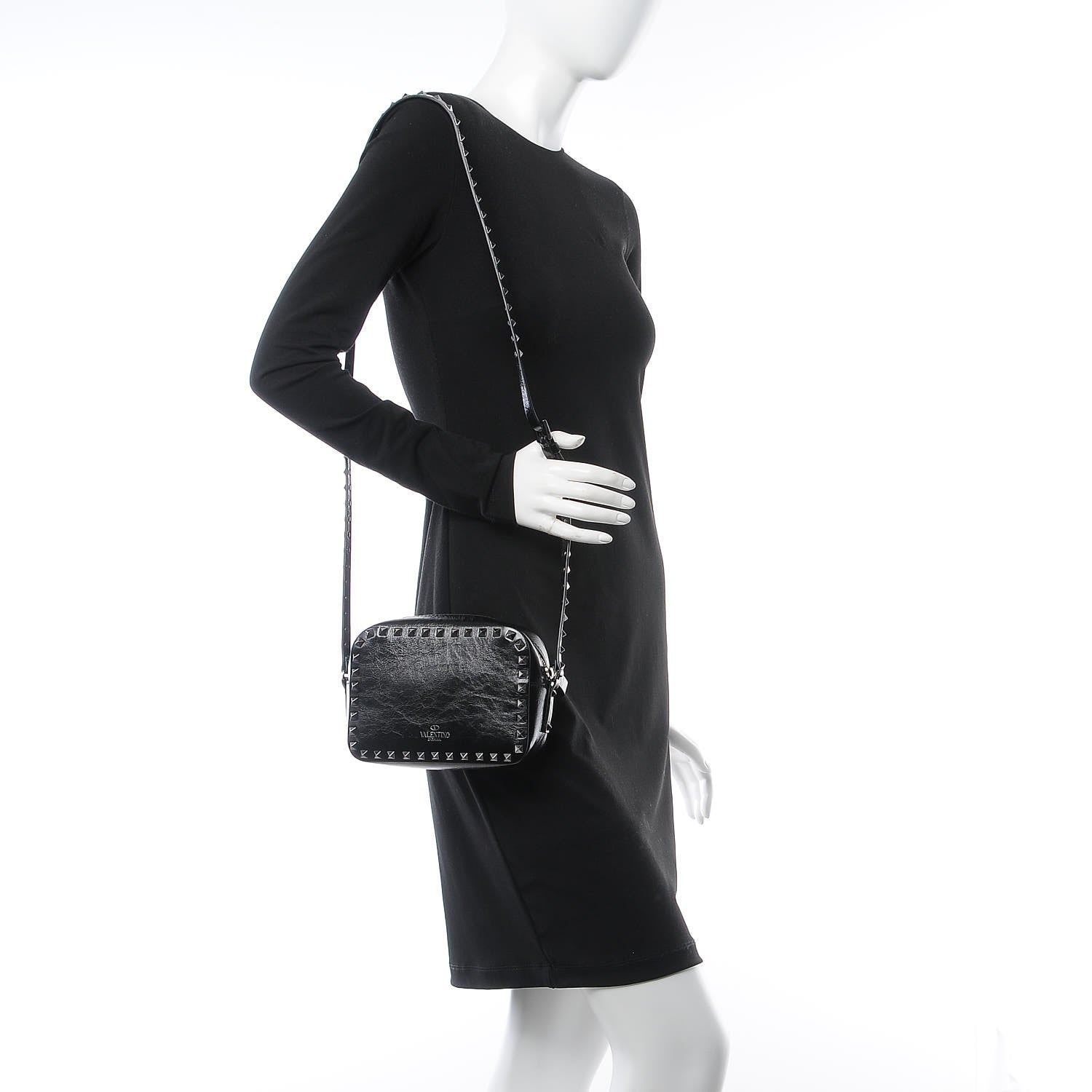 Valentino Garavani Craquele Calfskin Rockstud Camera Crossbody Bag Black 2 of 6