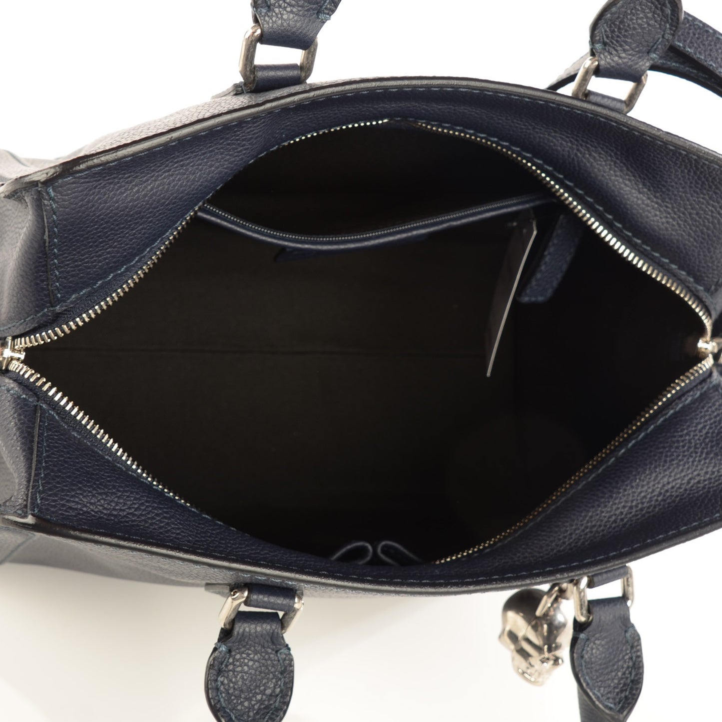 Pebbled Calfskin Small Skull Padlock Zip Around Tote Navy