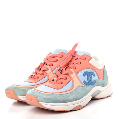 Chanel Nylon Lambskin Suede Calfskin CC Sneakers 36 Coral Light Blue White 3 of 10