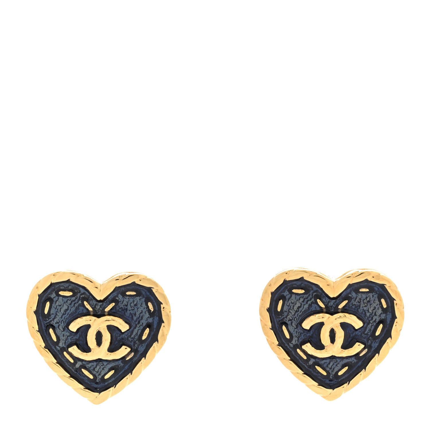 Chanel Metal Enamel CC Denim Heart Earrings Gold Blue 1 of 5