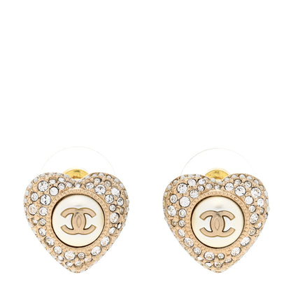 Chanel Pearl Crystal CC Heart Earrings Gold White 1 of 4