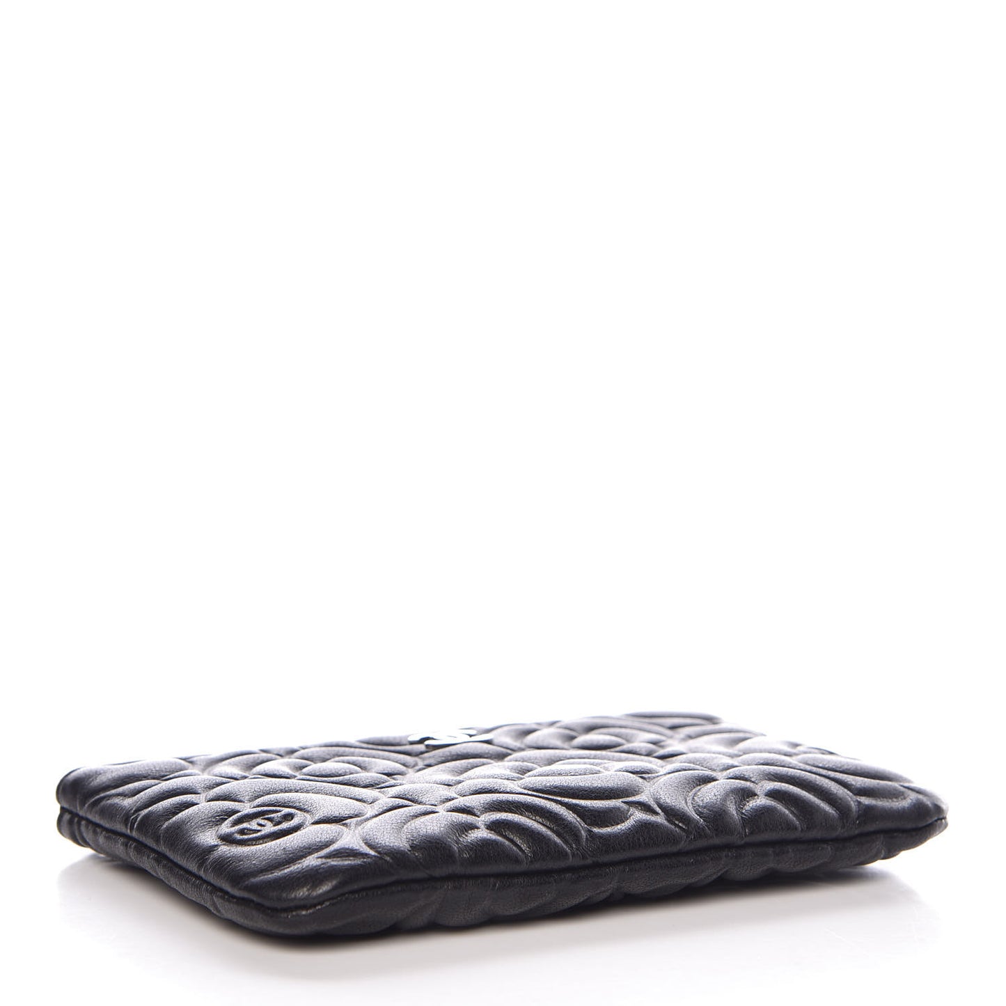 Goatskin Camellia Embossed Cosmetic Pouch Black