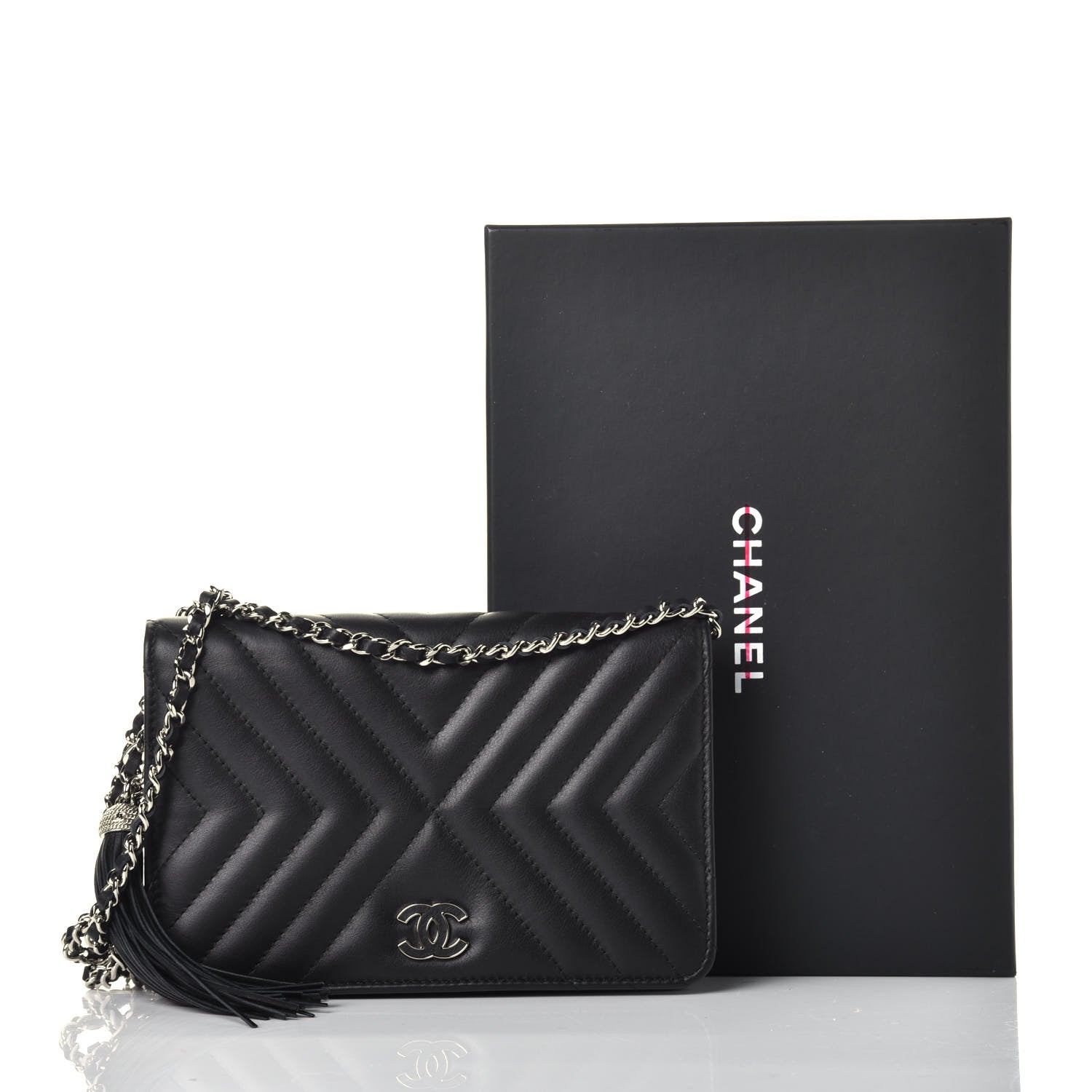 Chanel Calfskin Diagonal Chevron Quilted Tassel Wallet On Chain WOC Black 10 of 10
