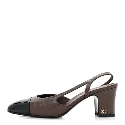 Chanel Calfskin Crocodile Embossed Patent Cap Toe CC Slingback Sandals 38.5 Brown Black 1 of 10