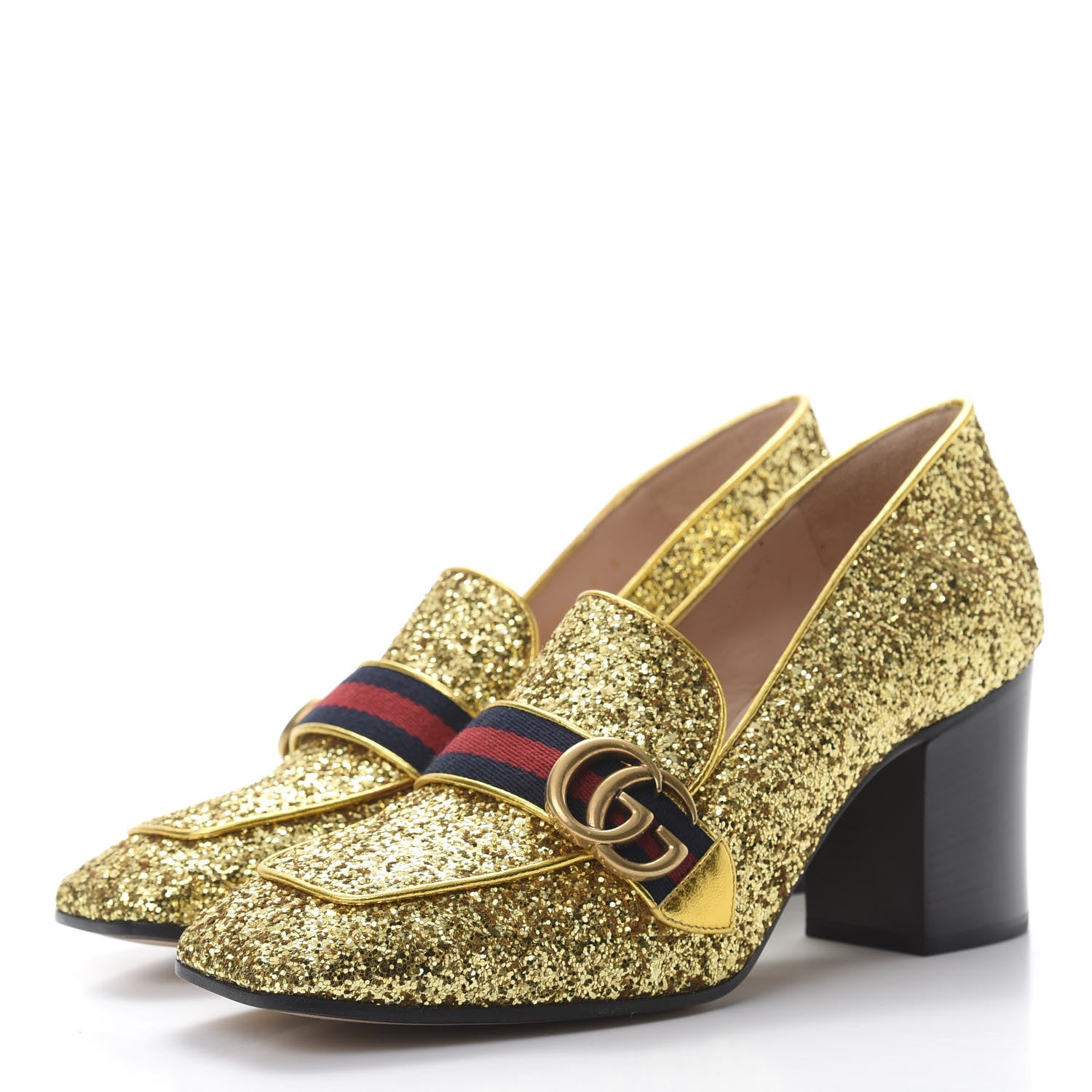 Gucci Glitter Nappa Web Peyton 75mm Loafer Pumps 40.5 Oro Vecchio 3 of 8