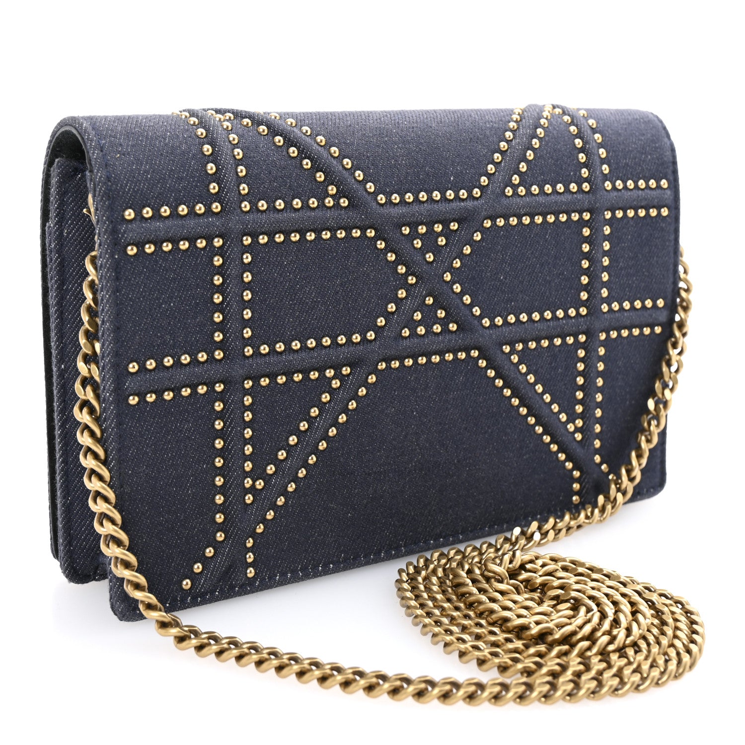 Christian Dior Denim Studded Diorama Wallet On Chain Blue 3 of 9