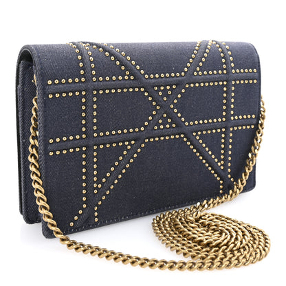 Christian Dior Denim Studded Diorama Wallet On Chain Blue 3 of 9