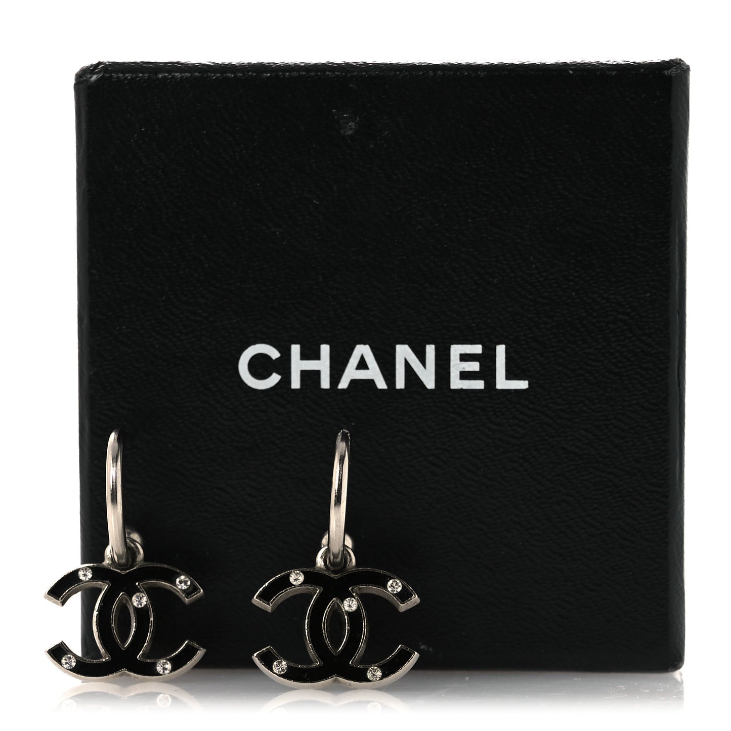 Enamel Crystal CC Hoop Earrings Silver Black