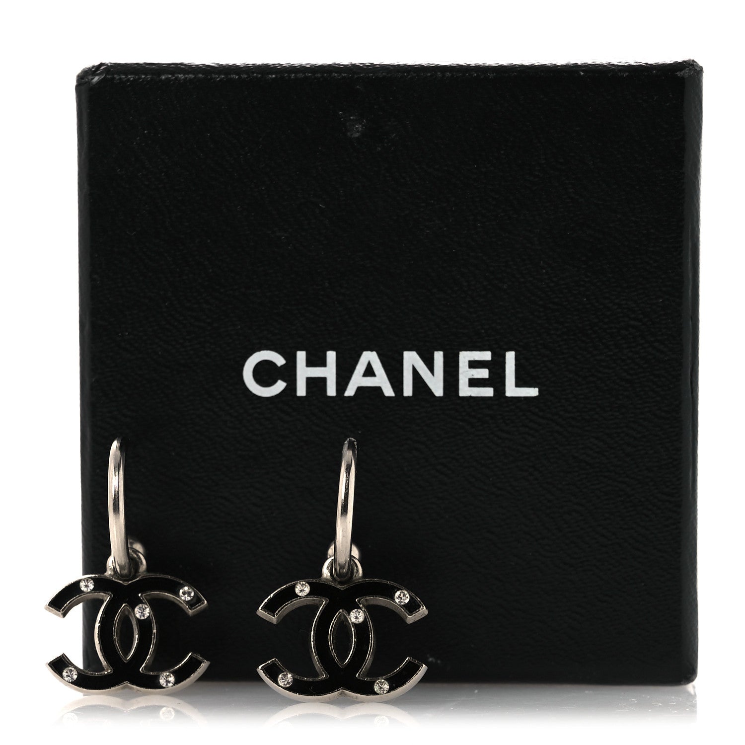 Chanel Enamel Crystal CC Hoop Earrings Silver Black 4 of 4