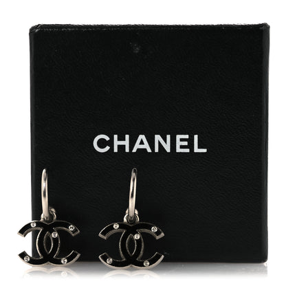 Chanel Enamel Crystal CC Hoop Earrings Silver Black 4 of 4