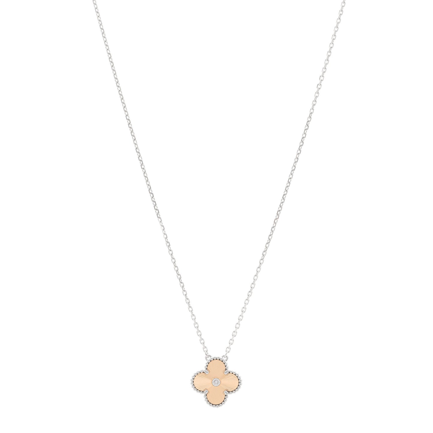 18K White Rose Gold Diamond Guilloche Vintage Alhambra Pendant Necklace