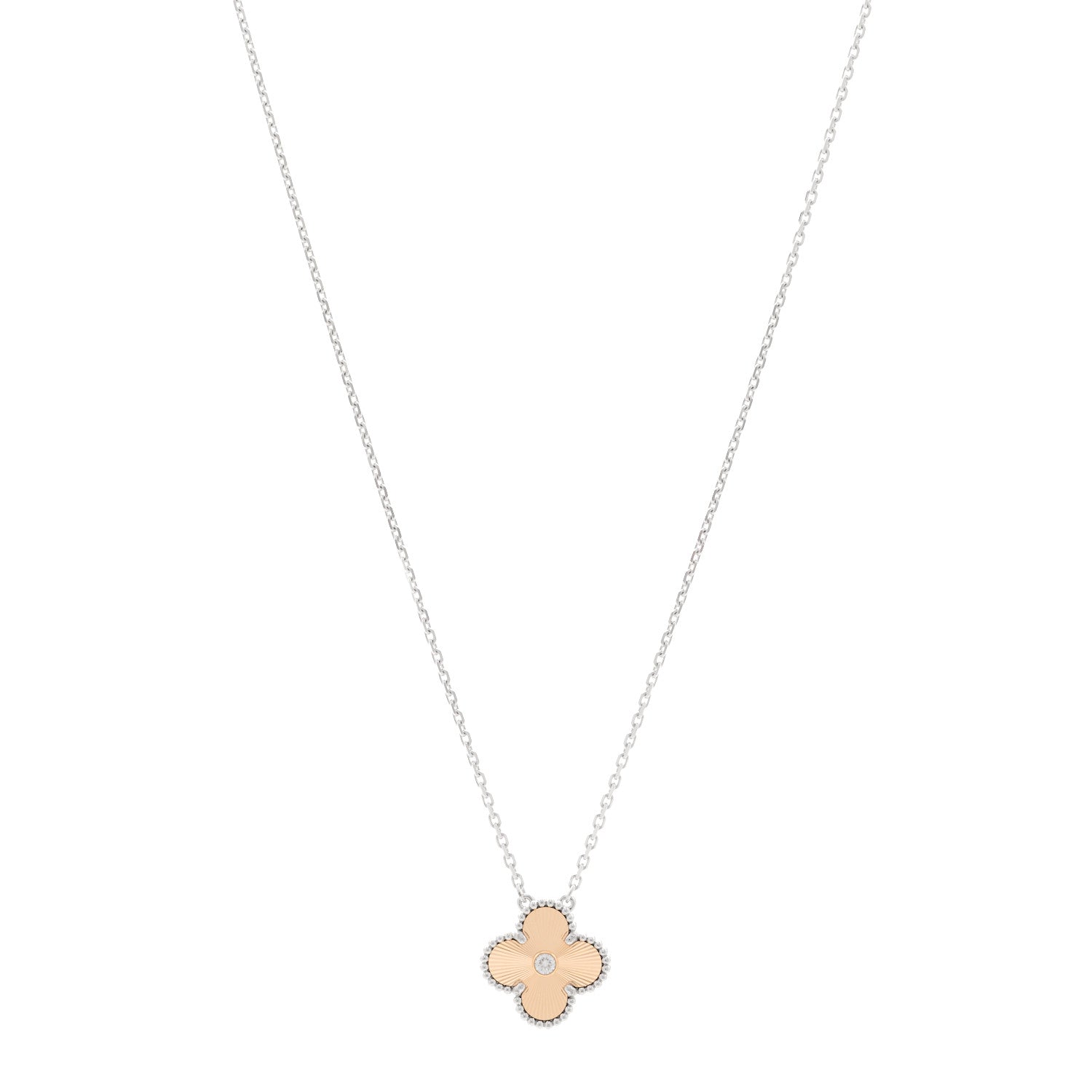 Van Cleef & Arpels 18K White Rose Gold Diamond Guilloche Vintage Alhambra Pendant Necklace 1 of 5