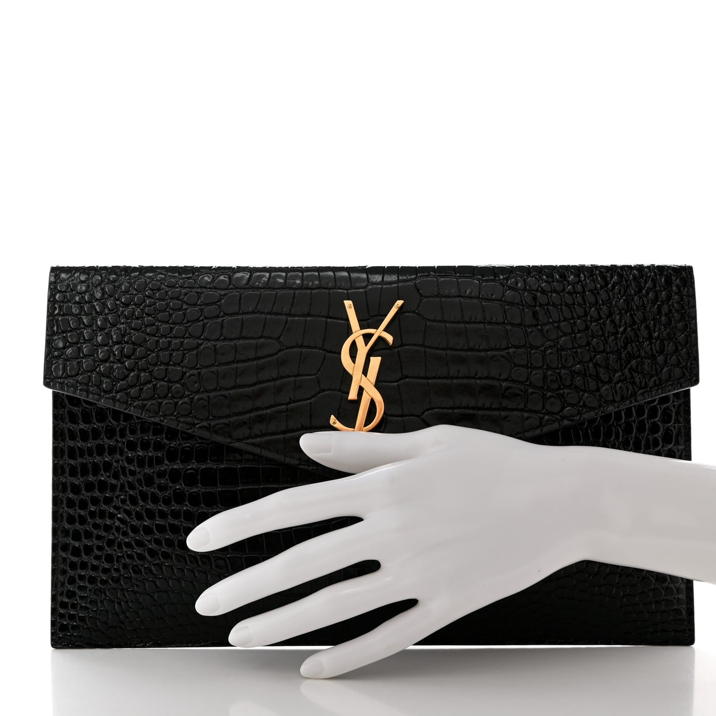 Calfskin Crocodile Embossed Uptown Monogram Clutch Black