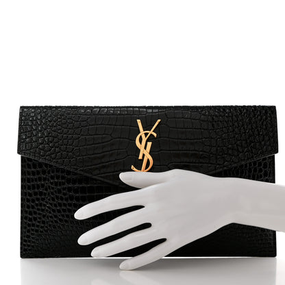 Saint Laurent Calfskin Crocodile Embossed Uptown Monogram Clutch Black 2 of 7