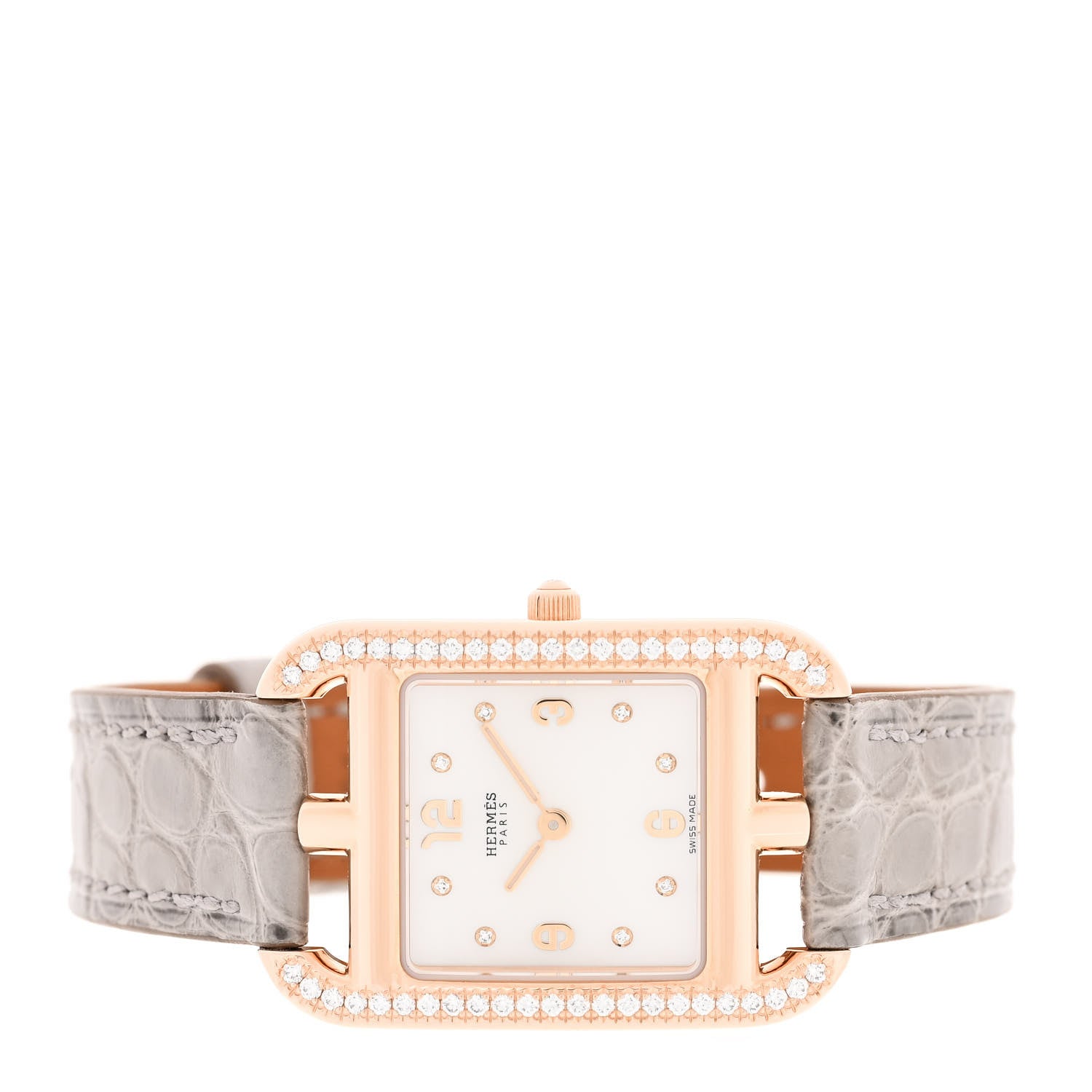 Hermes 18K Rose Gold Alligator Diamond Bezel Mother of Pearl 23mm Cape Cod Quartz Watch Gris Perle 2 of 5