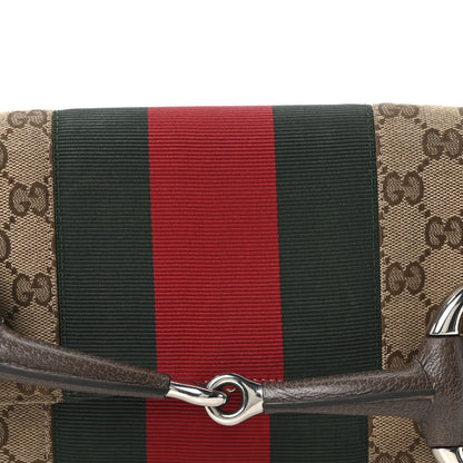 Gucci Monogram Textured Dollar Calfskin Heavy Grosgrain Web Medium Maxi Horsebit Chain Shoulder Bag Beige Ebony New Acero 8 of 11