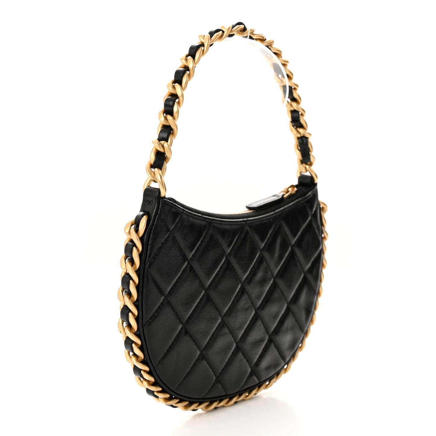 Shiny Crumbled Lambskin Quilted Round Small CC Hobo Black