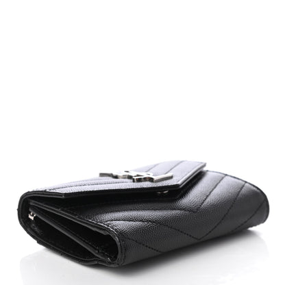 Saint Laurent Grain De Poudre Matelasse Chevron Monogram Compact Tri Fold Wallet Black 4 of 7