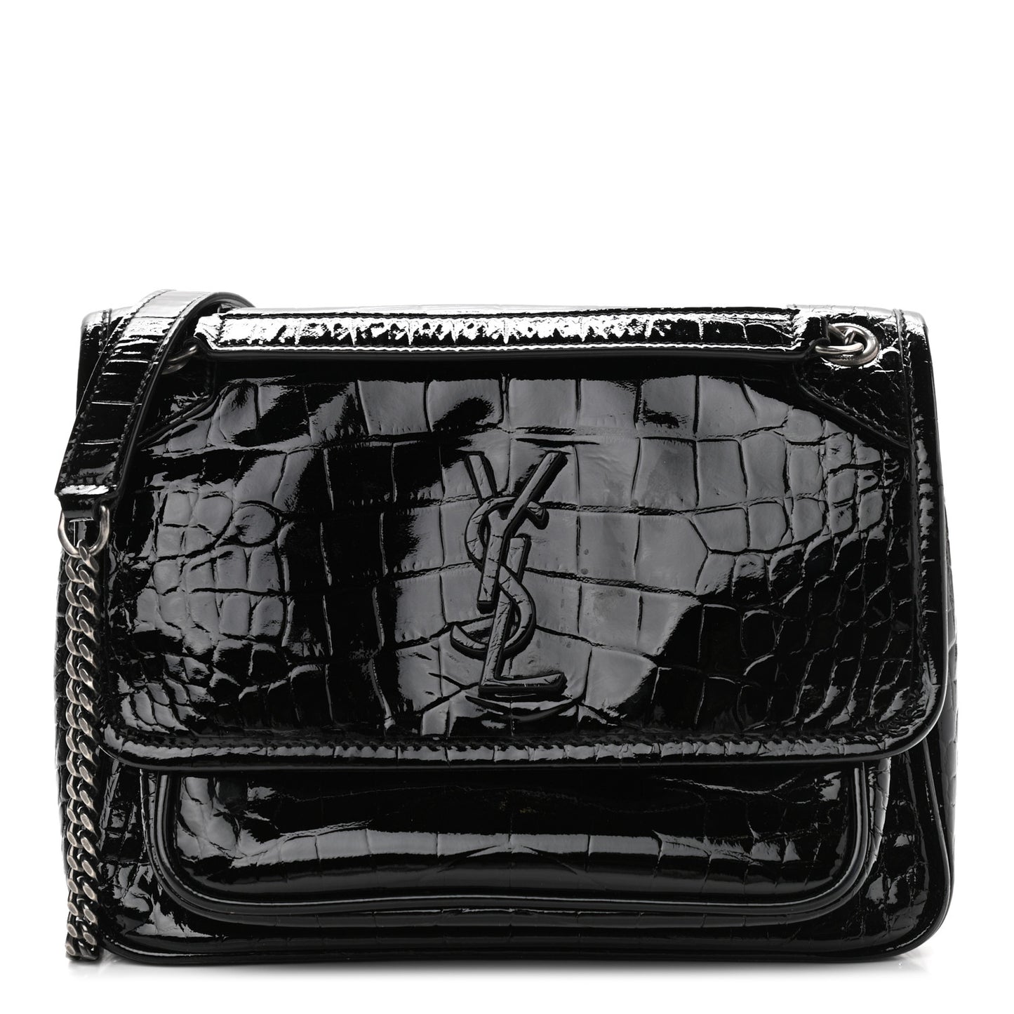 Patent Crocodile Embossed Lambskin Monogram Baby Niki Chain Satchel Black