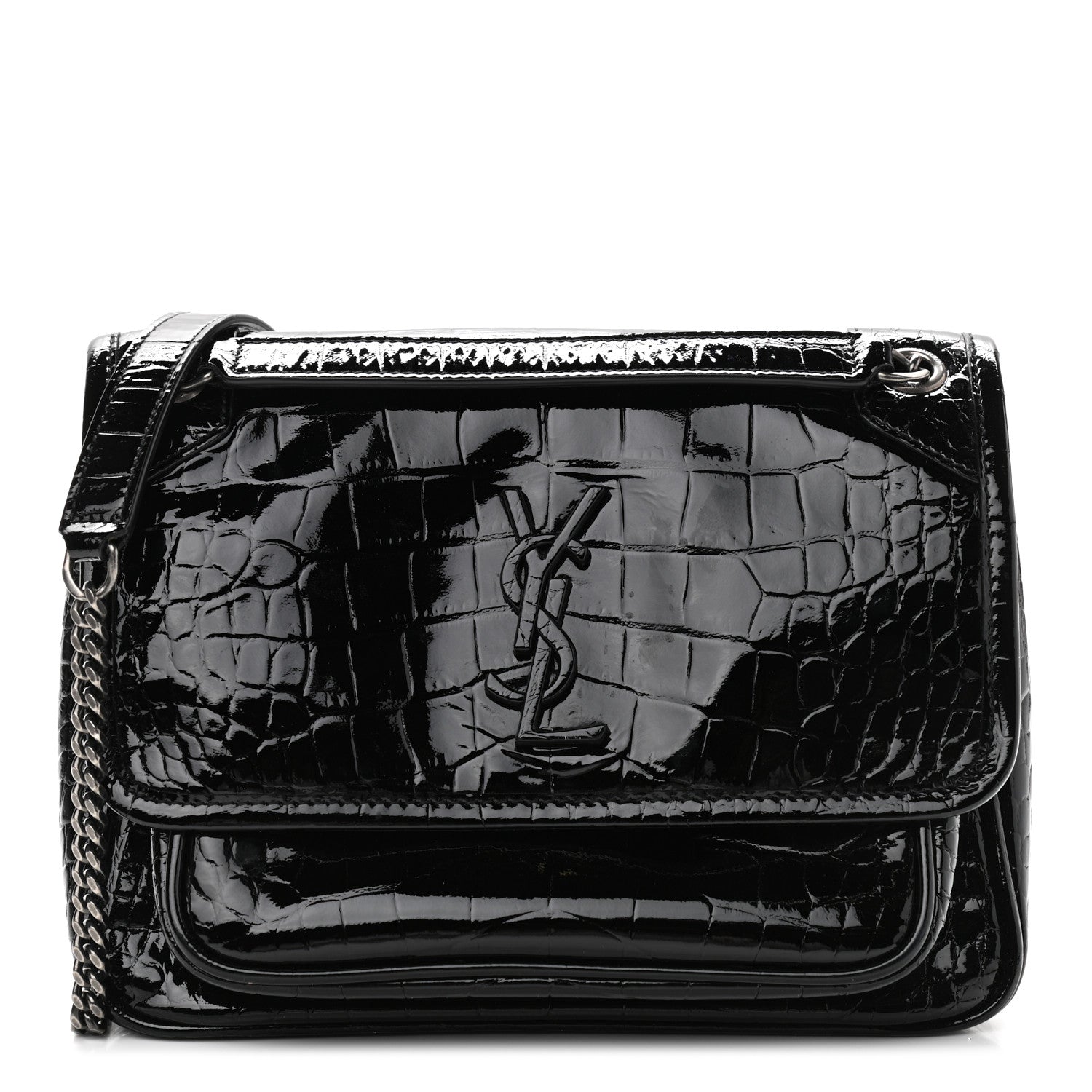 Saint Laurent Patent Crocodile Embossed Lambskin Monogram Baby Niki Chain Satchel Black 1 of 12