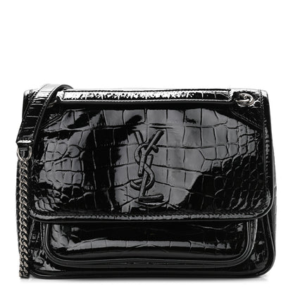 Saint Laurent Patent Crocodile Embossed Lambskin Monogram Baby Niki Chain Satchel Black 1 of 12