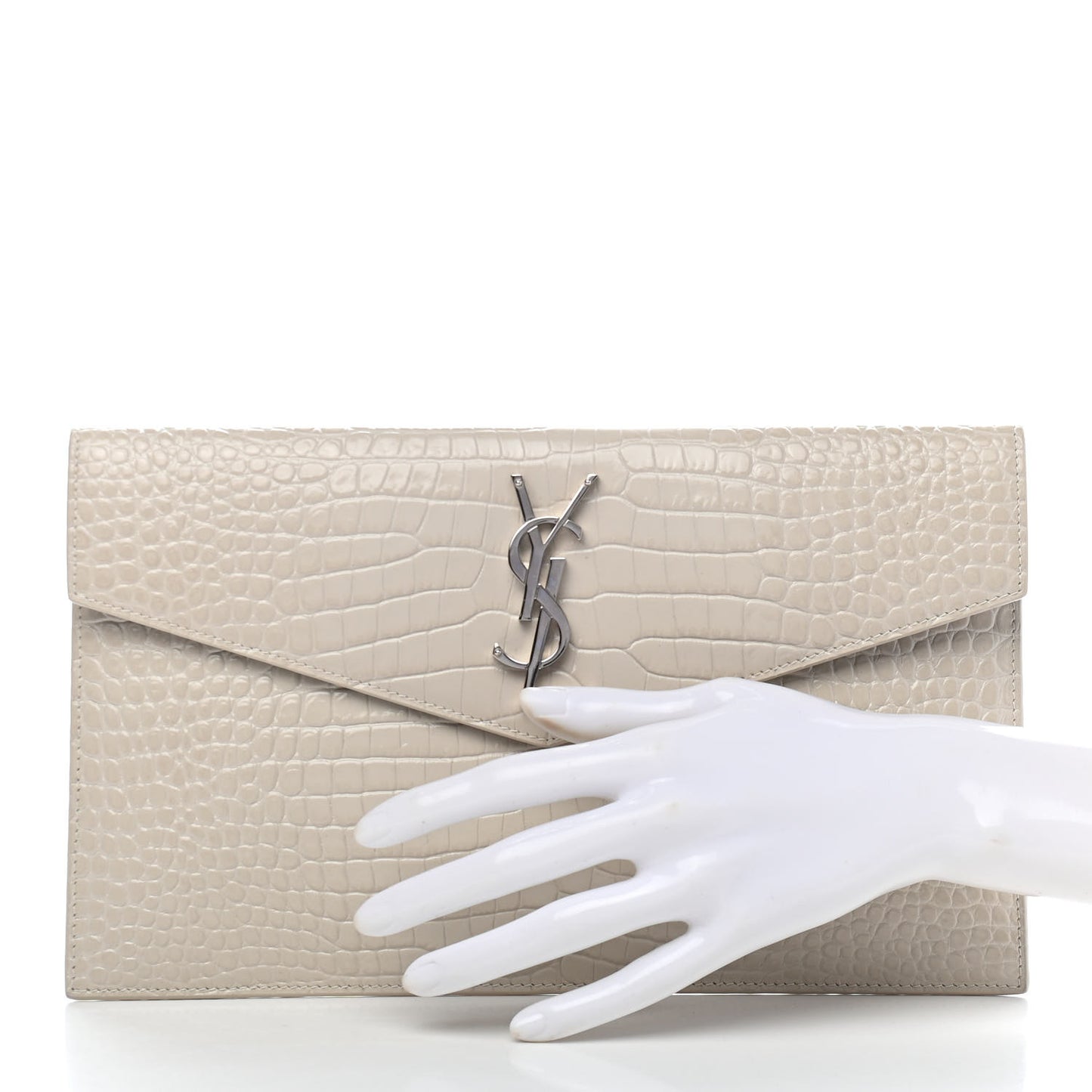 Calfskin Crocodile Embossed Uptown Monogram Pouch Crema Soft