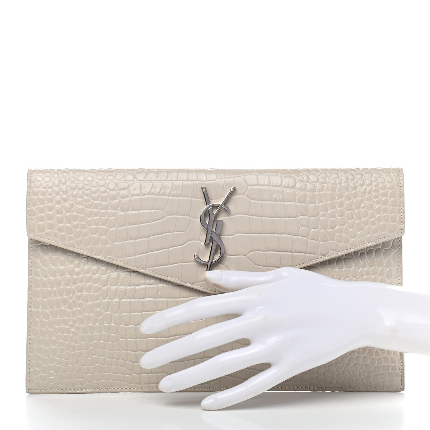 Saint Laurent Calfskin Crocodile Embossed Uptown Monogram Pouch Crema Soft 2 of 9