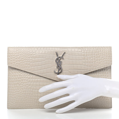 Saint Laurent Calfskin Crocodile Embossed Uptown Monogram Pouch Crema Soft 2 of 9