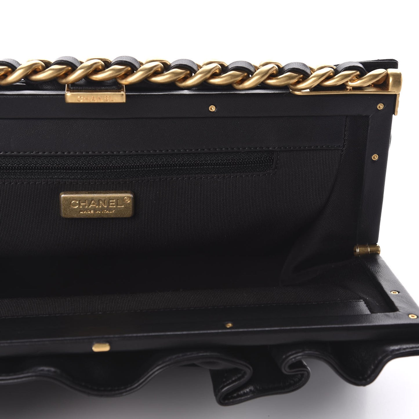 Lambskin Chain Kiss Lock Clutch Black