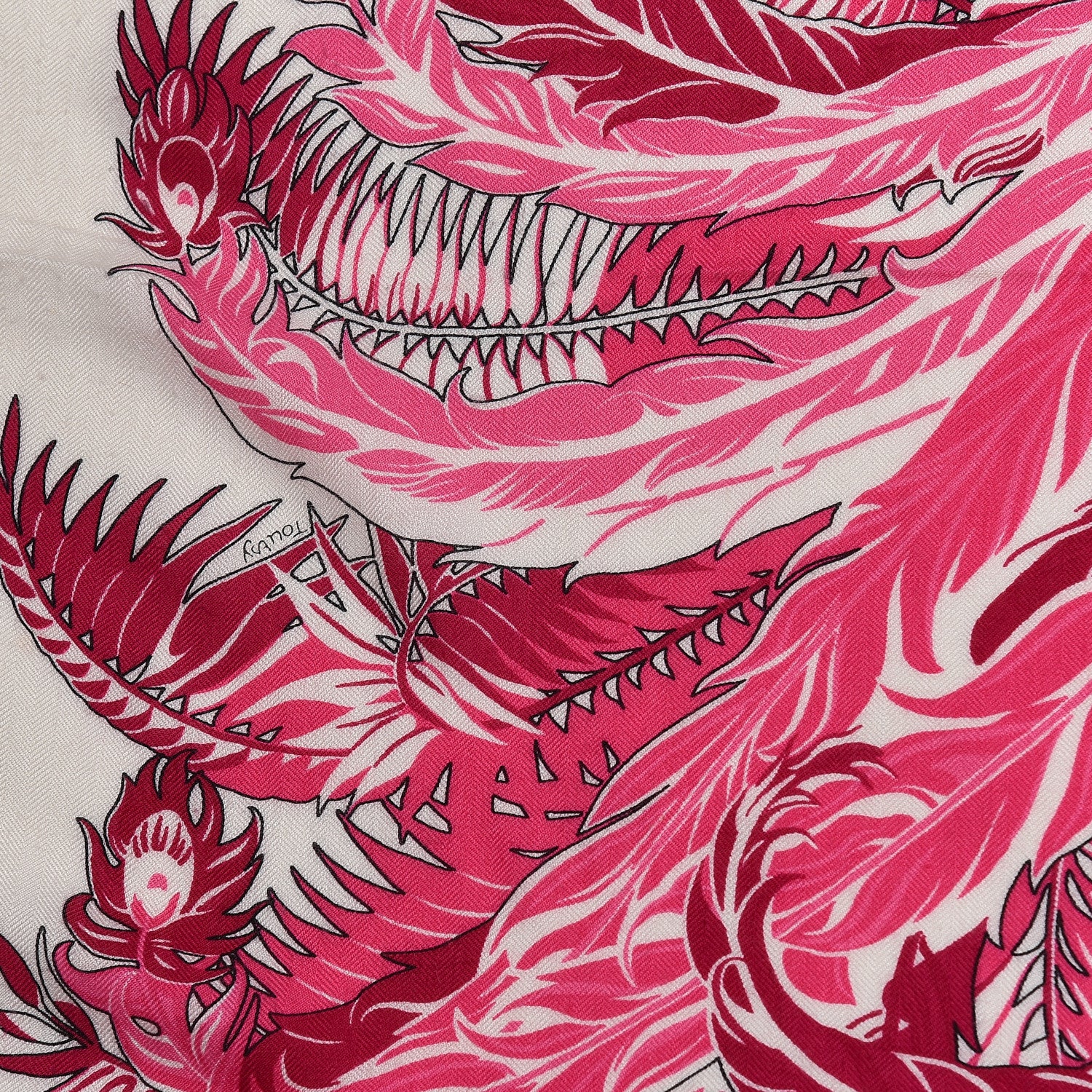 Hermes Cashmere Silk Mythiques Phoenix Coloriage Shawl 140 White Rose Black 5 of 7