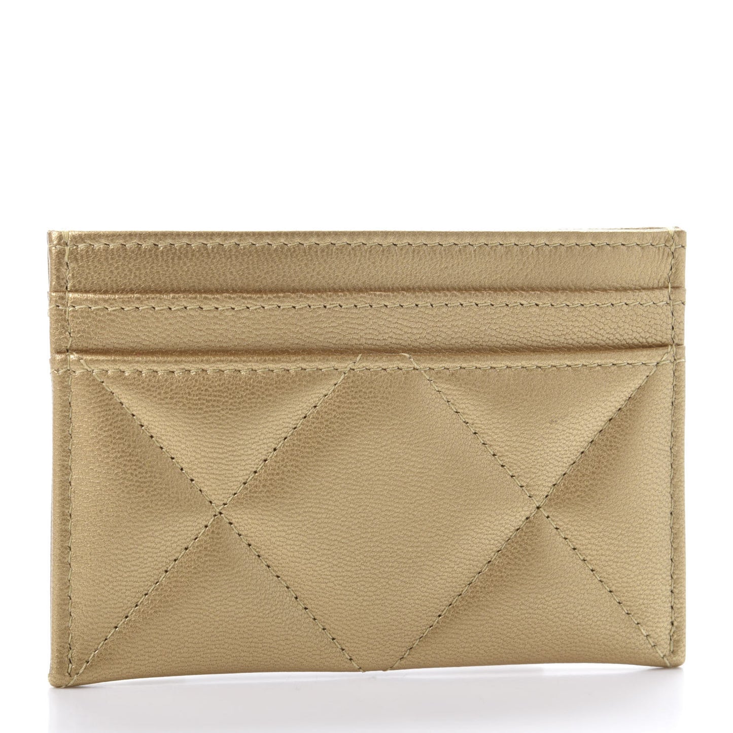 Metallic Goatskin Quilted Chanel 19 Card Holder Gold