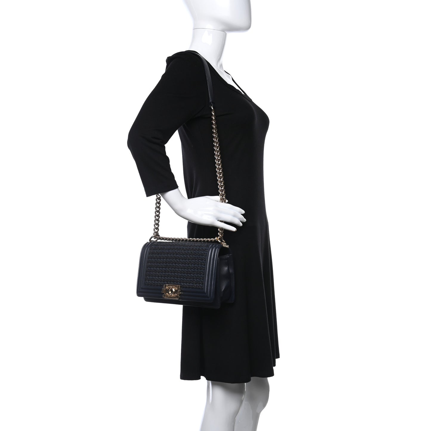 Lambskin Braided Woven Medium Boy Flap Navy Black