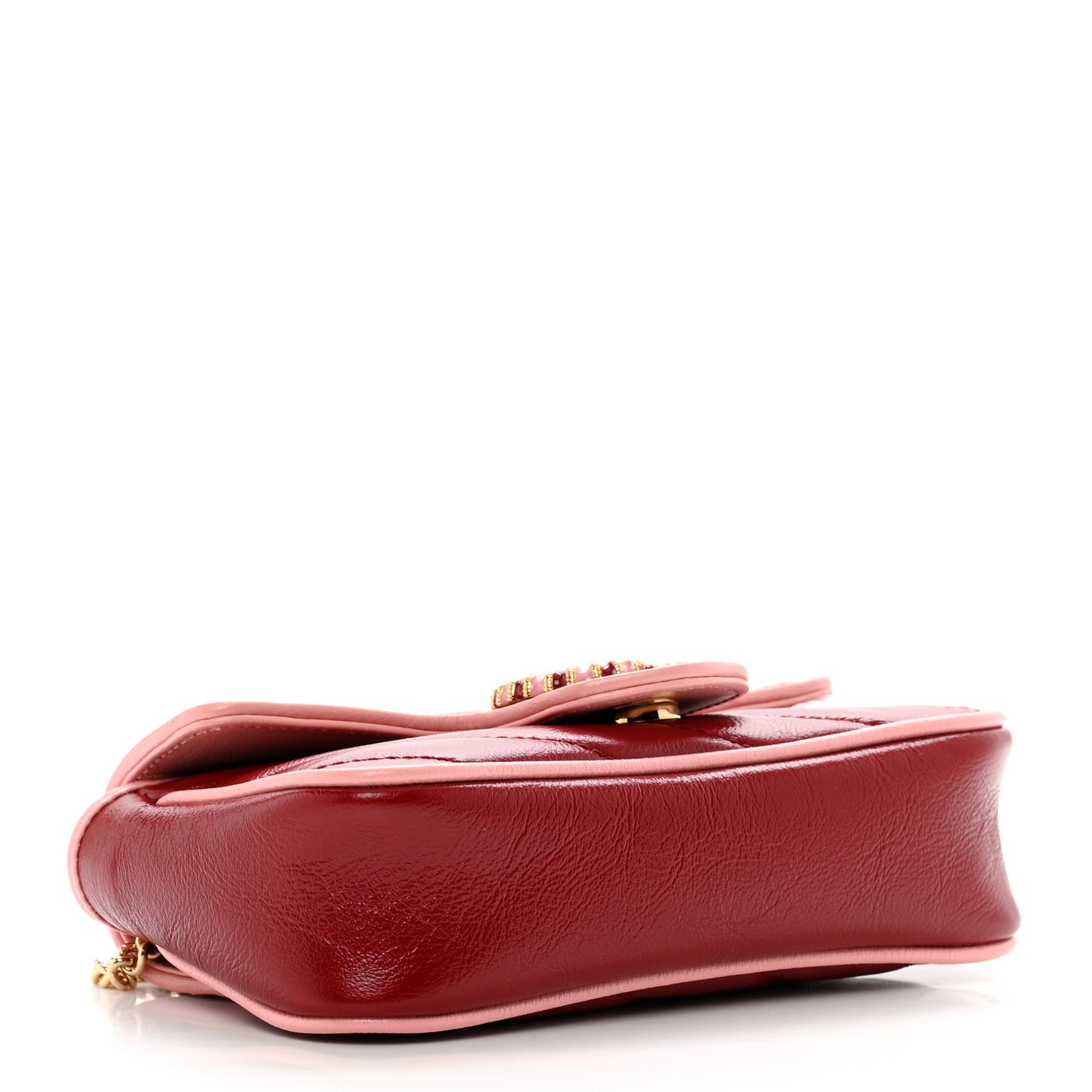 Azalea Calfskin Enamel Matelasse Diagonal Super Mini Torchon GG Marmont Shoulder Bag New Cherry Red Wild Rose