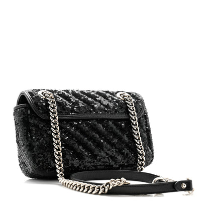 Gucci Sequin Matelasse Diagonal Mini GG Marmont Shoulder Bag Black 3 of 12