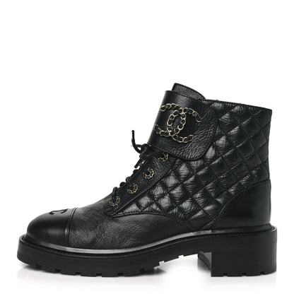 Chanel Shiny Goatskin Calfskin Quilted Lace Up Combat Boots 41 Black 1 of 8