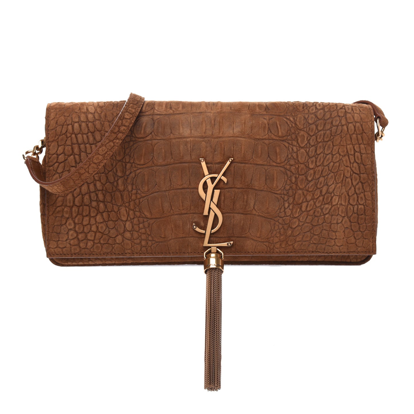 Crocodile Embossed Suede Monogram Tassel Kate 99 Tan