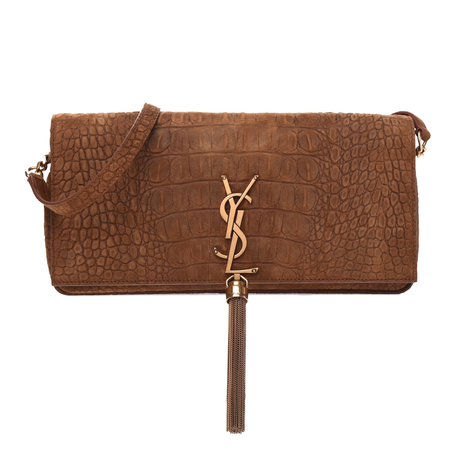 Saint Laurent Crocodile Embossed Suede Monogram Tassel Kate 99 Tan 1 of 9