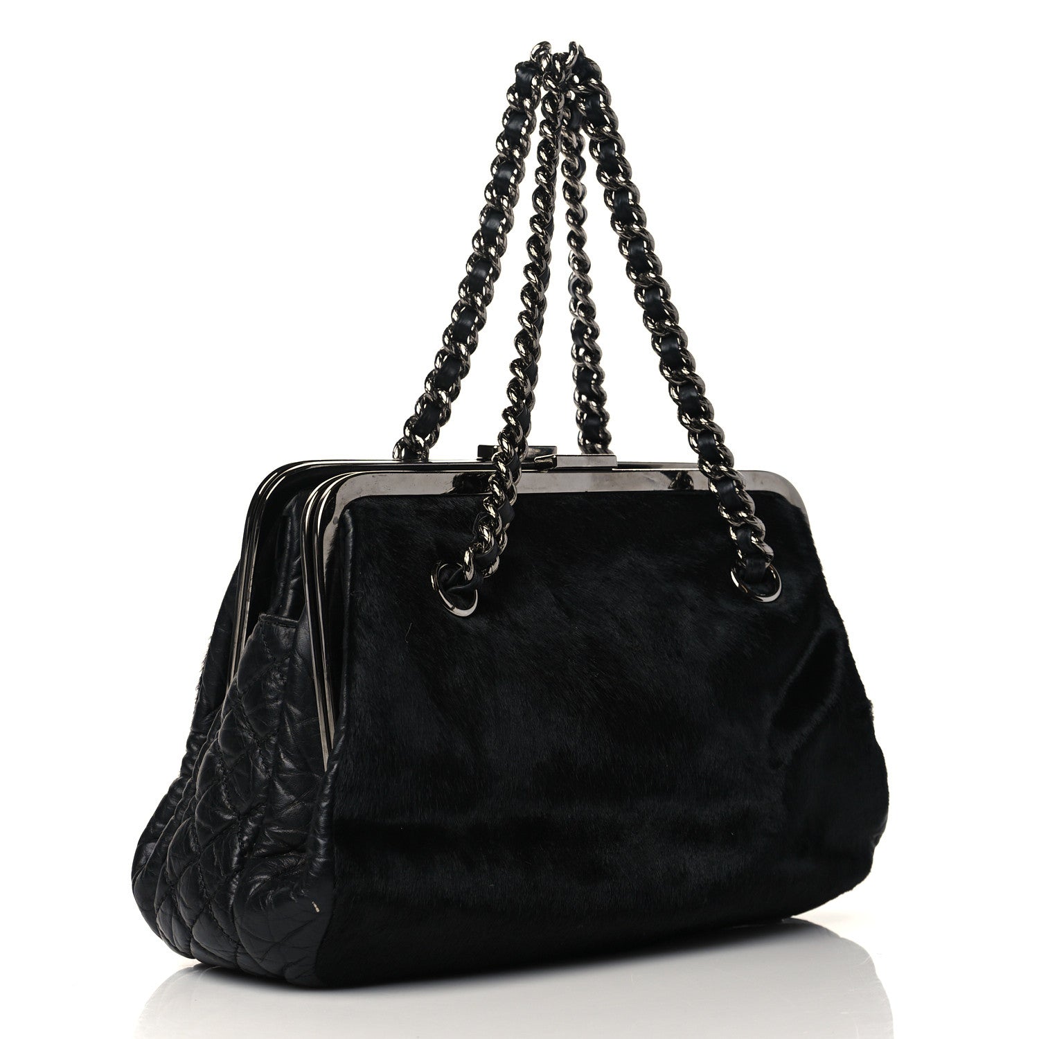 Chanel Pony Hair Lambskin Quilted Kiss Lock Frame Bag Black 2 of 9