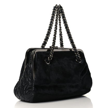 Chanel Pony Hair Lambskin Quilted Kiss Lock Frame Bag Black 2 of 9