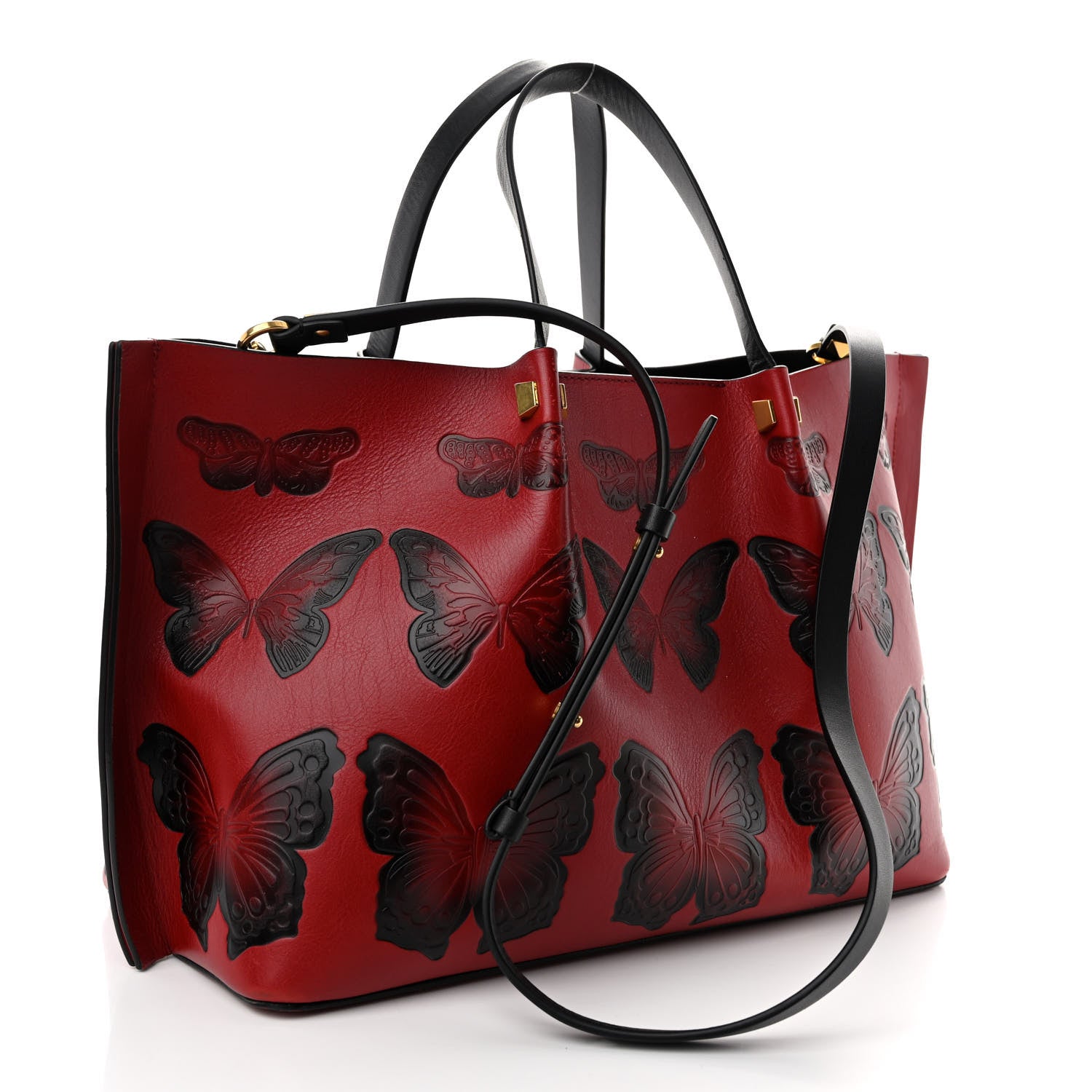 Valentino Garavani Grained Calfskin Butterfly Embossed Medium VLogo Escape Shopper Bag Red Black 4 of 17