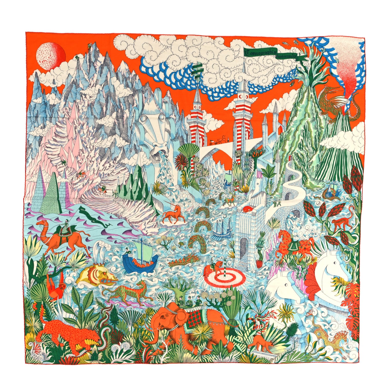 Hermes Silk Cashmere Cosmographia Universalis Shawl 140 Orange Bleu Ciel 1 of 4