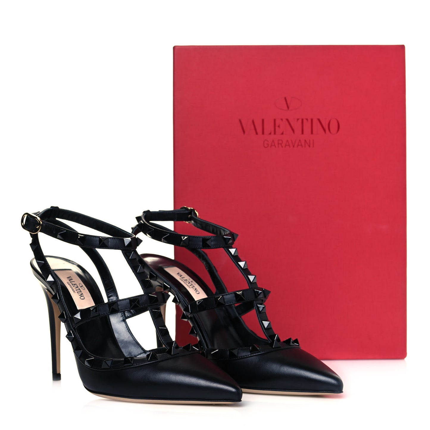 Calfskin Lacquered Monochrome Rockstud Ankle Strap 100mm Pumps 37 Black