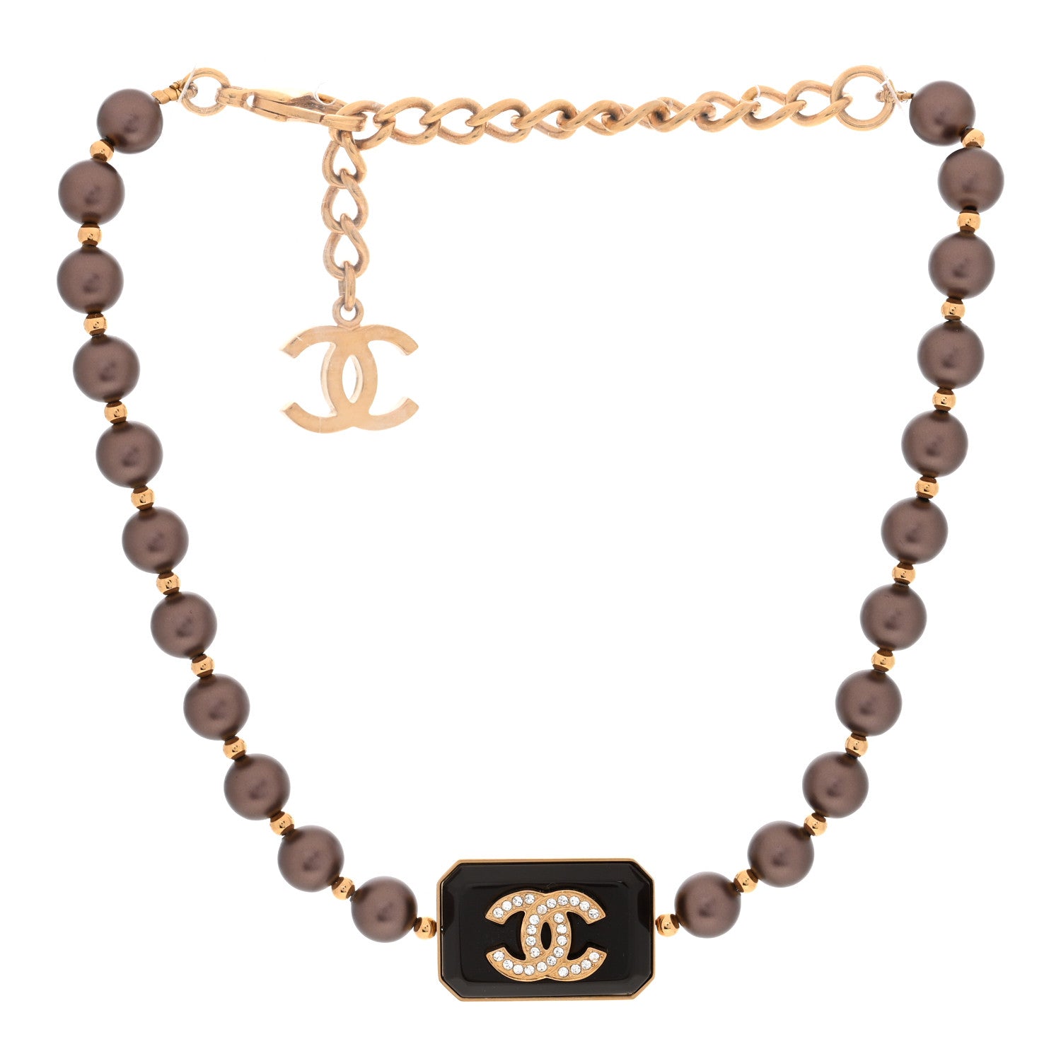 Chanel Pearl Crystal CC Choker Necklace Brown Gold 2 of 5