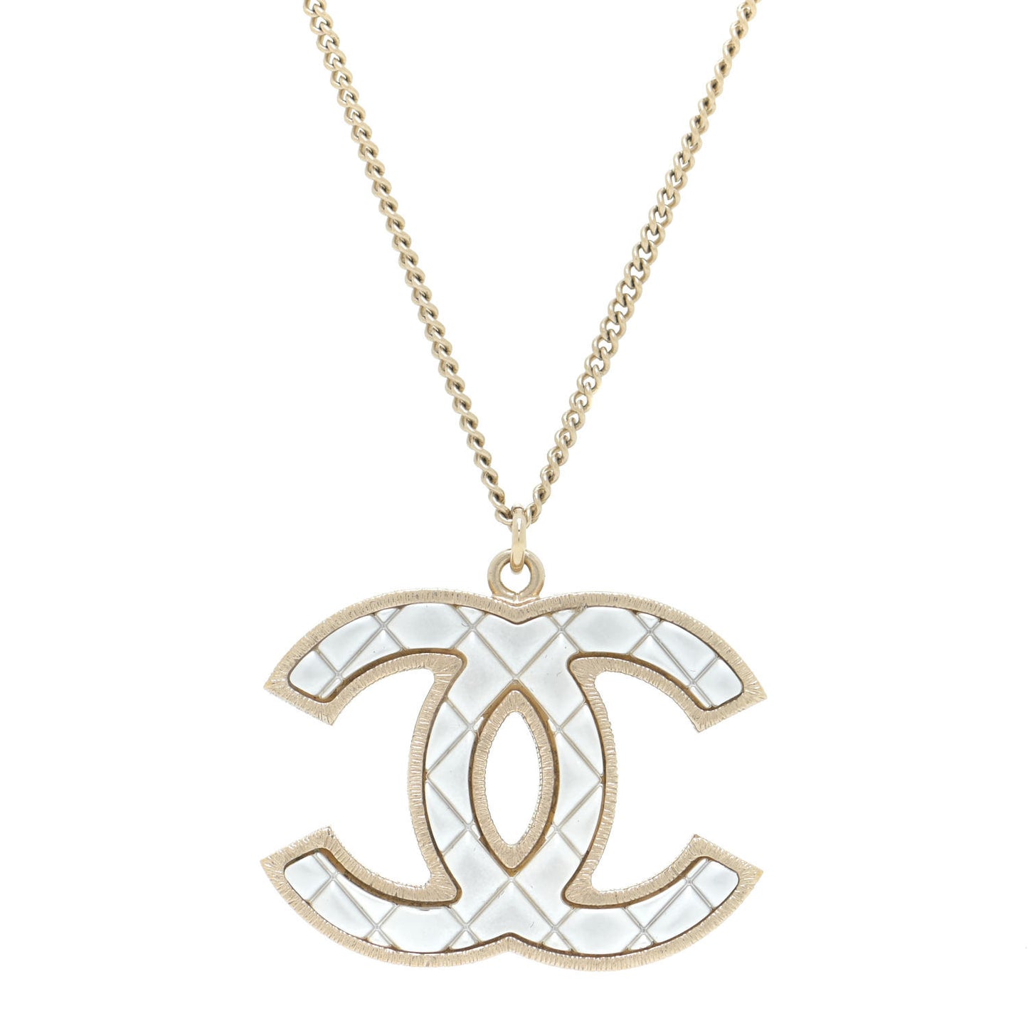 Metal Quilted CC Pendant Necklace Gold White