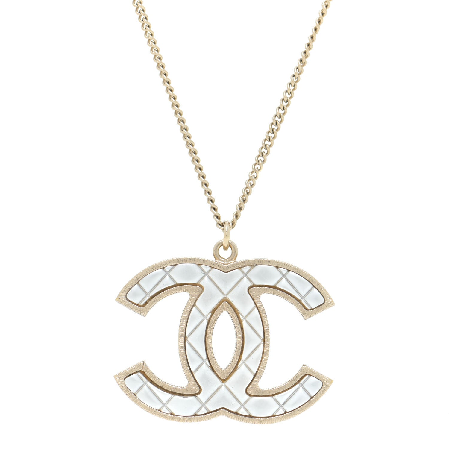 Chanel Metal Quilted CC Pendant Necklace Gold White 4 of 7